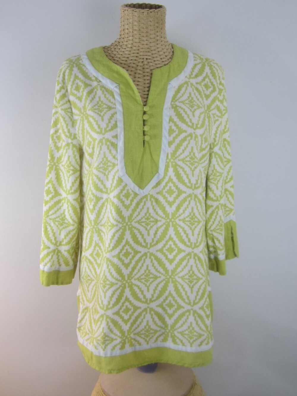 Carole Little Women XL Olive Green White Linen Cotton 3/4 Sleeve Tunic Top Shirt